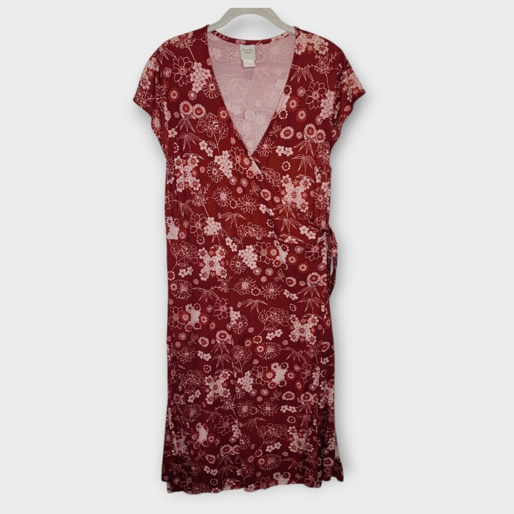 Garnet Hill Jersey Silk Wrap Dress 18/XL Red Floral